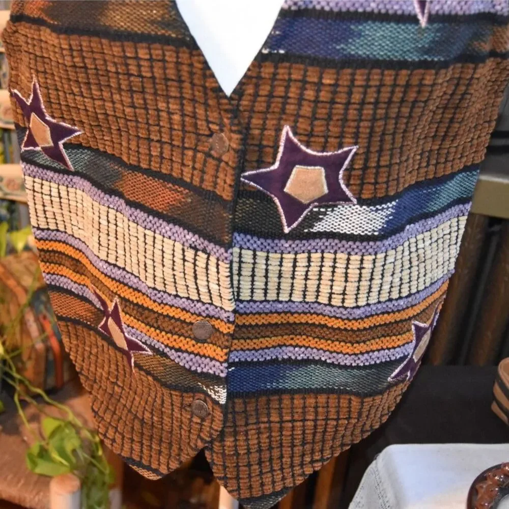 Vintage 80s Jane Ashley Boho Western Tapestry Vest Stars Cinched Back Size Med